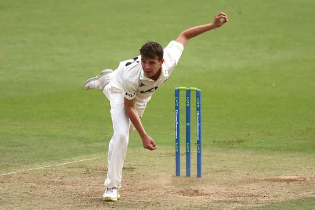 Tom Lawes, the 19-year-old pace bowler playing only his sixth first-class match, took his best figures to date, 4-31, in the Yorkshire first innings. Photo by Ben Hoskins/Getty Images for Surrey CCC