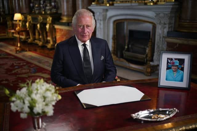 King Charles III delivers his address to the nation and the Commonwealth from Buckingham Palace, London. PIC: Yui Mok/PA Wire