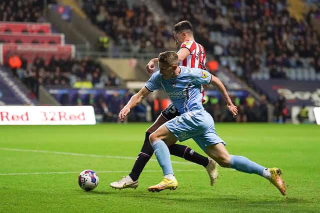 Coventry City's Viktor Gyokeres (front) and Sheffield United's Anel Ahmedhodzic battle for the ball during the Sky Bet Championship match at the Coventry Building Society Arena, Coventry. Picture: PA