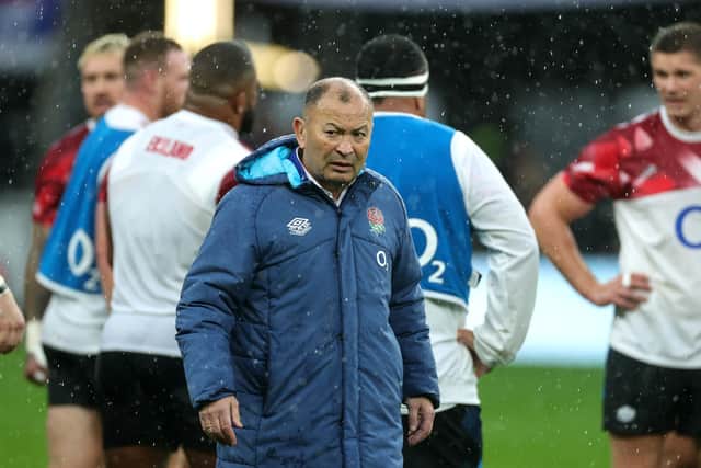LONDON, ENGLAND - NOVEMBER 06:  Eddie Jones, the England head coach looks on in the warm up during the Autumn International match between England and Argentina at Twickenham Stadium on November 06, 2022 in London, England. (Photo by David Rogers/Getty Images)