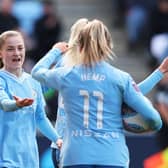 On target: Jess Park of Manchester City, left, celebrates scoring her team's fifth goal with teammates during the Barclays Women´s Super League match between Manchester City and West Ham United at Manchester City Academy Stadium on Sunday (Picture: Matt McNulty/Getty Images)