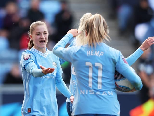 On target: Jess Park of Manchester City, left, celebrates scoring her team's fifth goal with teammates during the Barclays Women´s Super League match between Manchester City and West Ham United at Manchester City Academy Stadium on Sunday (Picture: Matt McNulty/Getty Images)