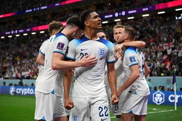 England's Jude Bellingham celebrates Jordan Henderson's goal against Senegal on Sunday. Can Bellingham now reprise the exploits of Bryan Robson against France in a World Cup game this Saturday evening? (Photo by Dan Mullan/Getty Images)