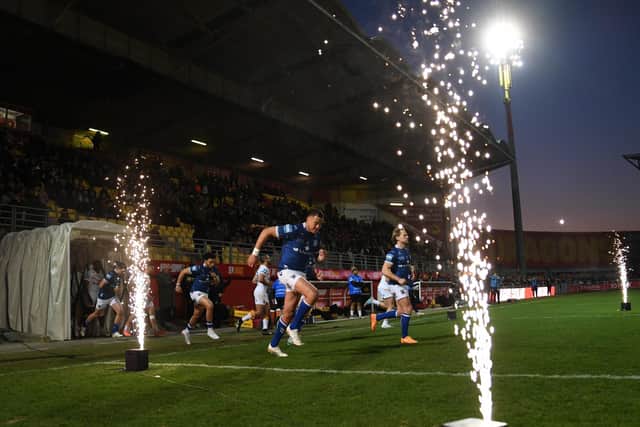 Hull FC players run out to fireworks in Perpignan. (Photo: Olly Hassell/SWpix.com)