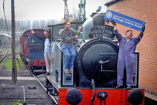Volunteers at Middleton Railway in Leeds, celebrates after receiving news of their Lottery Fund Grant of £737,500, pictured celebrating, left to right, Ian Smith (Vice-President), Steve Roberts (Deputy Chairman) and David Monckton (Chairman), on Friday 1 April 2005.
