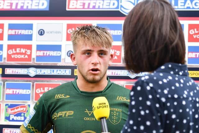 Mikey Lewis is interviewed after the match against Wakefield Trinity.