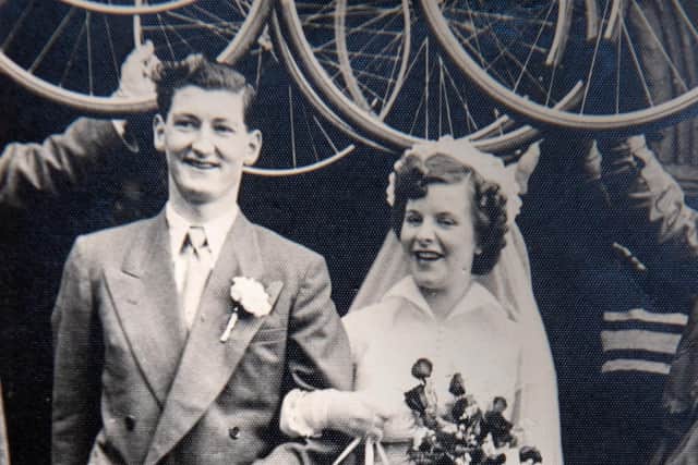 Peter and Shirley Procter's wedding day in 1953, when cycling friends made a guard of honour using their bikes.