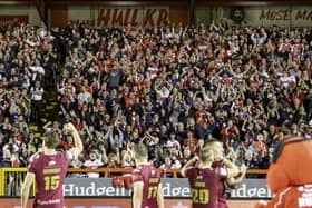 Hull KR celebrate the win over Catalans Dragons. (Photo: Allan McKenzie/SWpix.com)