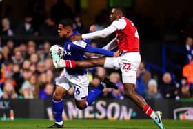 Ipswich Towns' Ali Al Hamadi (left) and Rotherham United's Hakeem Odoffin battle for the ball during the Sky Bet Championship match at Portman Road. Photo: John Walton/PA Wire.