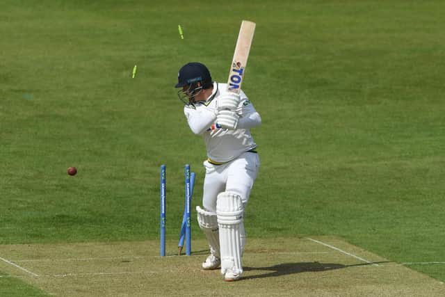 Jonny Bairstow loses his middle stump on day one at the Riverside. Photo by Stu Forster/Getty Images.