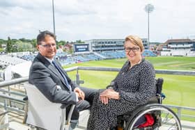 The handover: Yorkshire County Cricket Club's new chair Harry Chathli with now former interim chair Baroness Tani Grey Thompson at Headingley earlier this season. (Picture: Allan McKenzie/SWPix.com)