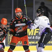 WE MEET AGAIN: Sheffield Steelers' captain Robert Dowd (secon right) will be hoping his team can maintain their stranglehol over Manchester Phoenix when the two meet again in Sheffield on Saturay night. Picture: Dean Woolley/Steelers Media