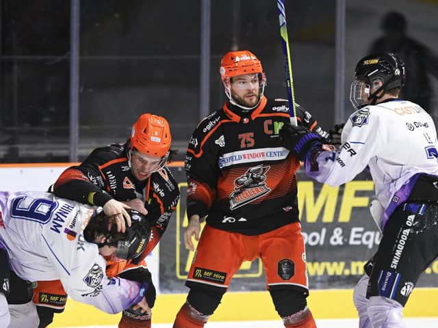 WE MEET AGAIN: Sheffield Steelers' captain Robert Dowd (secon right) will be hoping his team can maintain their stranglehol over Manchester Phoenix when the two meet again in Sheffield on Saturay night. Picture: Dean Woolley/Steelers Media