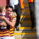 Bradford City's Alex Gilliead celebrates his equaliser against Grimsby Town with Brad Halliday. (Picture: Bruce Rollinson)