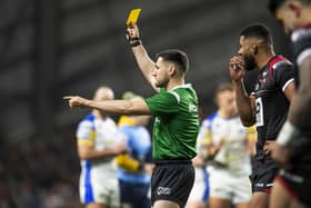 Aaron Moore issues a yellow card to Ryan Brierley, not pictured. (Photo: Allan McKenzie/SWpix.com)