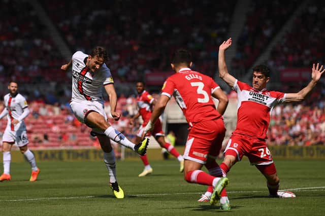 MIDDLESBROUGH, ENGLAND - AUGUST 14: Sheffield United player Sander Berge shoots to score the opening goal during the Sky Bet Championship between Middlesbrough and Sheffield United at Riverside Stadium on August 14, 2022 in Middlesbrough, England. (Photo by Stu Forster/Getty Images)