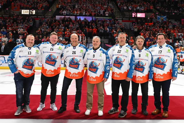 LEGENDS (l-r): Nicky Chinn, David Longstaff, Ron Shudra, Ken Priestlay, Andre Malo, Scott Neil and Mike O’Connor were all warmly welcomed on to the Sheffield Arena ice on Saturday night. Picture: Dean Woolley/Steelers Media.