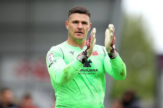 MORECAMBE, ENGLAND - MAY 23: Kyle Letheren of Morecambe applauds the fans after the Sky Bet League Two Play-off Semi Final 2nd Leg match between Morecambe and Tranmere Rovers at Globe Arena on May 23, 2021 in Morecambe, England. A limited number of fans will be allowed into the stadium as Coronavirus restrictions begin to ease in the UK. (Photo by Charlotte Tattersall/Getty Images)