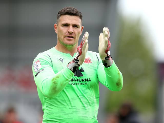 MORECAMBE, ENGLAND - MAY 23: Kyle Letheren of Morecambe applauds the fans after the Sky Bet League Two Play-off Semi Final 2nd Leg match between Morecambe and Tranmere Rovers at Globe Arena on May 23, 2021 in Morecambe, England. A limited number of fans will be allowed into the stadium as Coronavirus restrictions begin to ease in the UK. (Photo by Charlotte Tattersall/Getty Images)