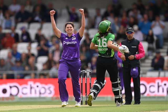 Superchargers bowler Alice Davidson-Richards celebrates last August (Picture: Stu Forster/Getty Images)