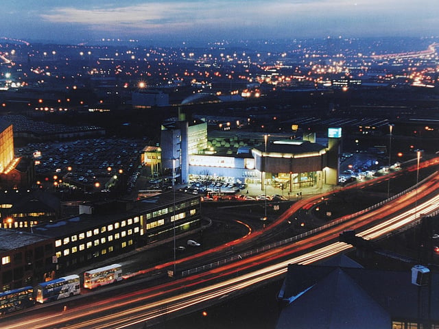 The Yorkshire Post building on Wellington Street at night in the 1980s or 1990s.