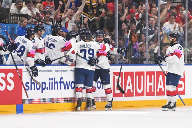 PARTY TIME: Ben O'Connor (second right) celebrates his equalising goal against Austria at Prague Arena. Picture: Dean Woolley.