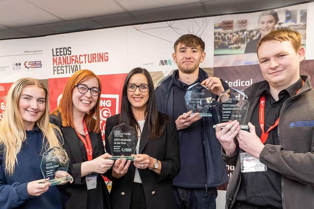 Left-right: Rising Star, Maddy Pennock, LBBC Technologies; Employer of the Year, AW Hainsworth’s Charlotte Dudill and Amanda McLaren; Apprentice of the Year, Harry Clark, MPM; and Future Manufacturing Leader, Kalum Downey, Kirkstall Precision Engineering