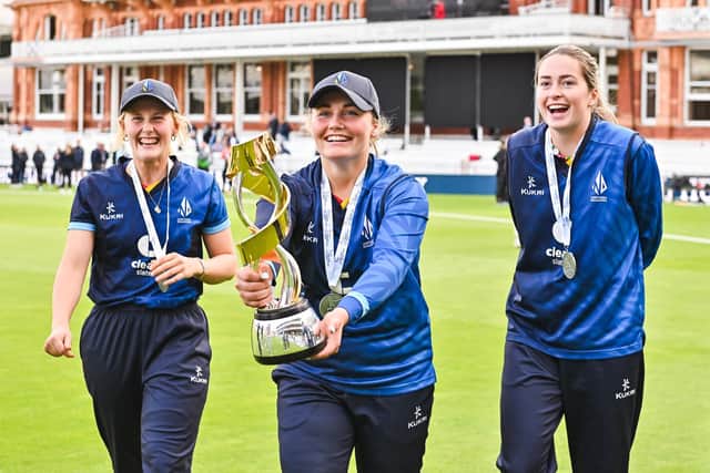Northern Diamonds celebrate with the Rachael Heyhoe Flint Trophy after victory against the Southern Vipers at Lord's (Picture: Will Palmer/SWpix.com)