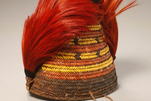 Man's headgear, Nagaland, India, mid 20th century on display in the exhibition Hair: Untold Stories at Weston Park Museum, Sheffield. Image © Horniman Museum and Gardens