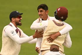 GOT HIM: Somerset's Shoaib Bashir celebrates the wicket of Hampshire's James Vince of Hampshire in July last year. Picture: Harry Trump/Getty Images