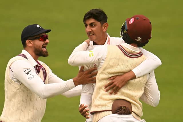 GOT HIM: Somerset's Shoaib Bashir celebrates the wicket of Hampshire's James Vince of Hampshire in July last year. Picture: Harry Trump/Getty Images