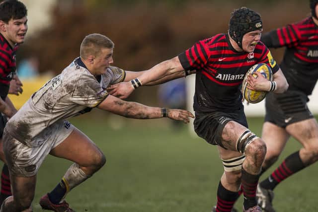 Jack Walker struggles to keep hold of Duncan Taylor of Saracans while playing for Yorkshire Carnegie (Picture: Allan McKenzie)