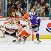 UNDER PRESSURE: Sheffield Steelers’ Matthew Greenfield stands firm against a Belfast Giants attack on Saturday night at the SSE ArenaPicture: William Cherry/Presseye/EIHL Media.