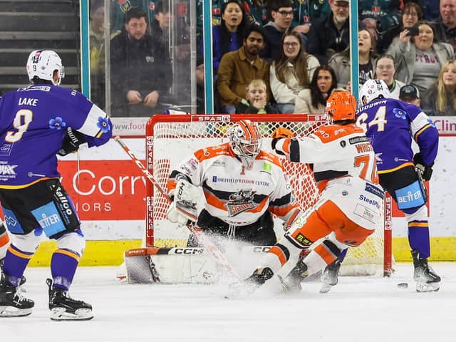 UNDER PRESSURE: Sheffield Steelers’ Matthew Greenfield stands firm against a Belfast Giants attack on Saturday night at the SSE ArenaPicture: William Cherry/Presseye/EIHL Media.