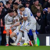 LAST GOAL: Dan James (No 20) celebrates with team-mates after scoring Leeds United's third goal against Hull City