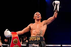 Josh Warrington celebrates after winning his IBF World Featherweight Title fight against Kiko Martinez at the First Direct Arena in March Picture: Martin Rickett/PA