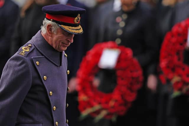 King Charles III during the Remembrance Sunday service at the Cenotaph in London. Picture: Aaron Chown/PA Wire