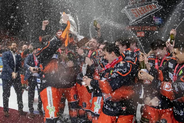 PARTY TIME: Sheffield Steelers lift the trophy after beating Guildford Flames 3-1 in the Challenge Cup Final at the Utilita Arena. Picture: Tony Johnson.