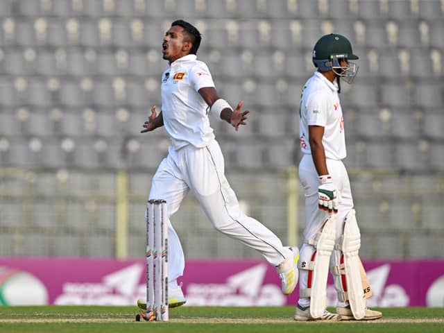 Yorkshire's new signing Vishwa Fernando celebrates a wicket for Sri Lanka in their recent Test series against Bangladesh. Photo by MUNIR UZ ZAMAN/AFP via Getty Images.