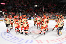 THANK YOU: Sheffield Steelers' players sign off for 2023 after an impressive 9-3 win over Manchester Storm at the Utilita Arena on Saturday night. Picture: Dean Woolley/Steelers Media.