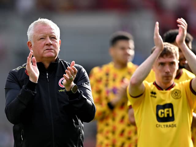 Chris Wilder, Manager of Sheffield United, applauds the fans after the Premier League match at Brentford. Photo by Mike Hewitt/Getty Images.