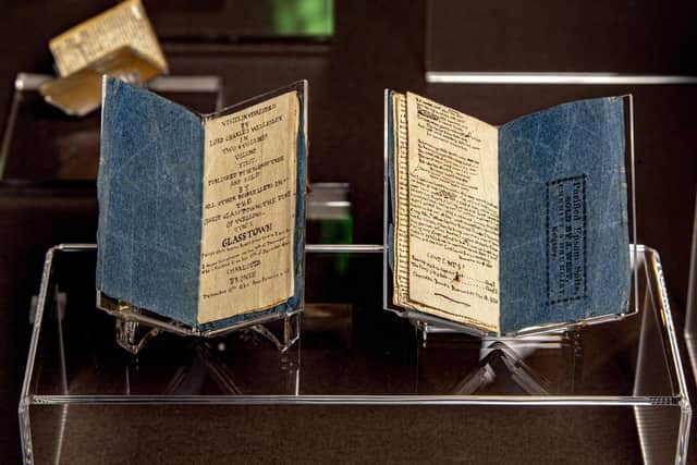 On display at the ‘Becoming the Brontës’  (co-curated by the British Library, the Brontë Parsonage Museum and the University of Leeds’ Brotherton Library) ,  handwritten and crafted notebooks by Charlotte Bronte during her childhood and adolescence, that are bound in packaging originally used for Epsom salts, photographed for the Yorkshire Post by Tony Johnson. 29th June 2023