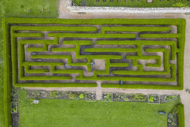 Stunning photos show gardeners perfecting a maze at a 625-year-old Yorkshire castle