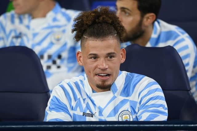 MANCHESTER, ENGLAND - SEPTEMBER 14: Kalvin Phillips of Manchester City looks on from the bench prior to the UEFA Champions League group G match between Manchester City and Borussia Dortmund at Etihad Stadium on September 14, 2022 in Manchester, England. (Photo by Michael Regan/Getty Images)