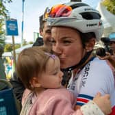 Lizzie Deignan with daughter Orla and husband Phil at the finish in Harrogate at the UCI World Championships in 2019. (Picture: Bruce Rollinson)