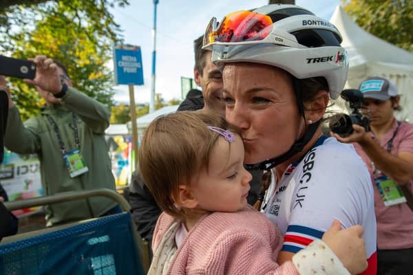 Lizzie Deignan with daughter Orla and husband Phil at the finish in Harrogate at the UCI World Championships in 2019. (Picture: Bruce Rollinson)