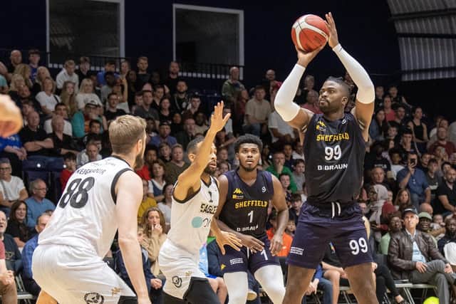 Sheffield Sharks' Jubril Adekoya in action against Newcastle Eagles at a soldout Canon Medical Arena in Sheffield on  8th October 2023 (Picture: Tony Johnson)