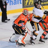 SOLID: Sheffield Steelers' defenceman Davey Phillips (right) protects the net in front of goalie Matt Greenfield. Picture courtesy of Dean Woolley/Steelers Media/EIHL