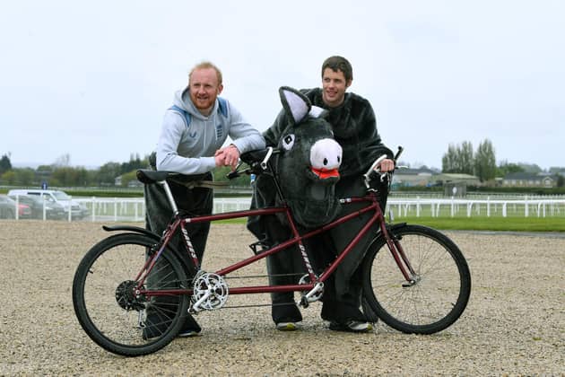 Lee Bilbrough and Jonathan Binney AKA Panto Pony at the Wetherby Races Mascot Gold Cup, not only to defend its title, but also to launch the fund-raising efforts in preparation for the Pier-2-Pier Challenge on the 20th and 21st of July