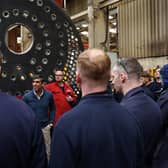 Prime Minister Rishi Sunak talks to  staff during a visit to Byworth Boilers at the Parkwood Boiler works in Keighley, West Yorkshire.